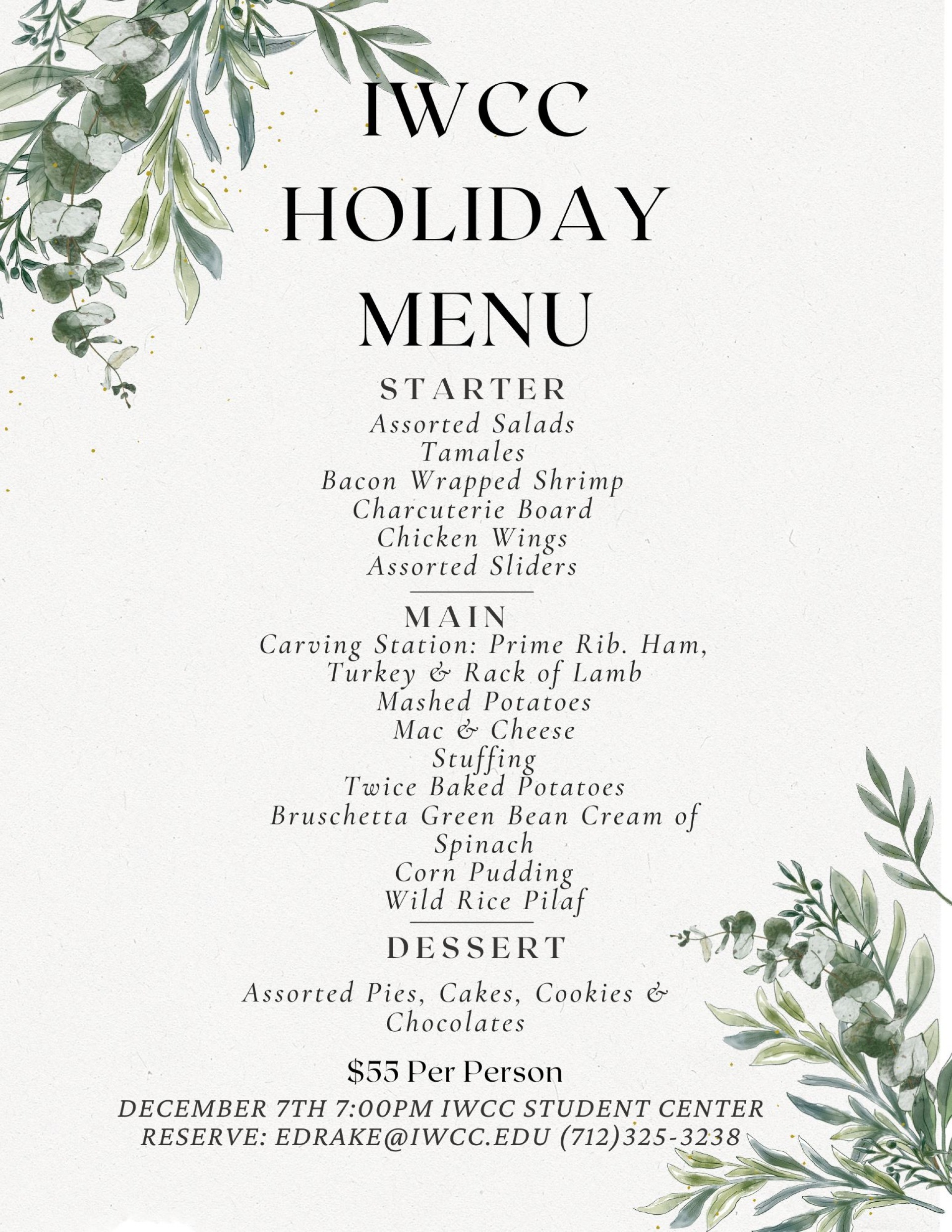 Menu for Iowa Western Holiday Dinner