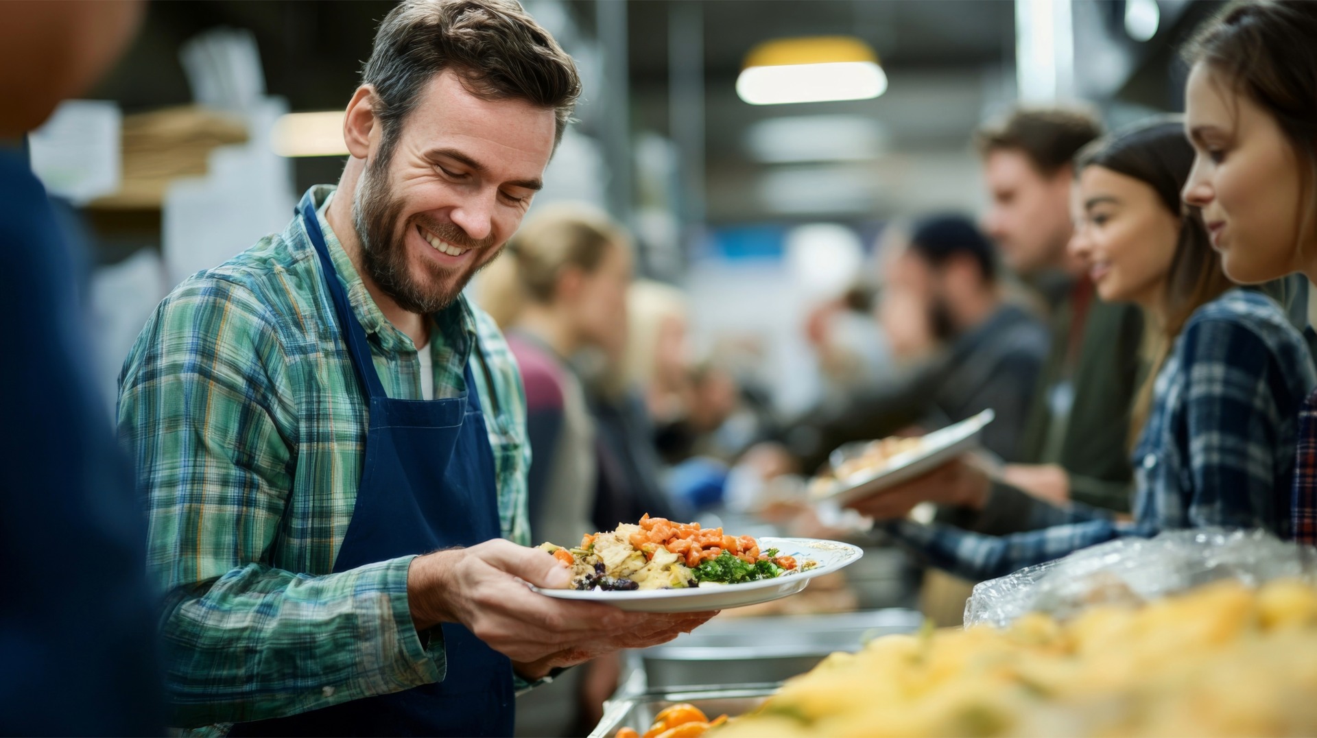 Happy volunteer serves meals